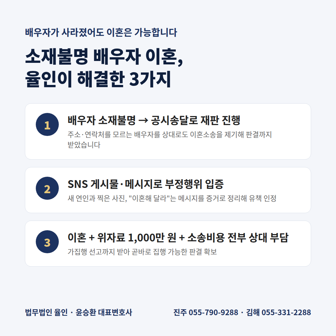 소재불명 배우자 이혼 해결 포인트 3가지 - 공시송달, SNS 외도 증거, 위자료 1000만원